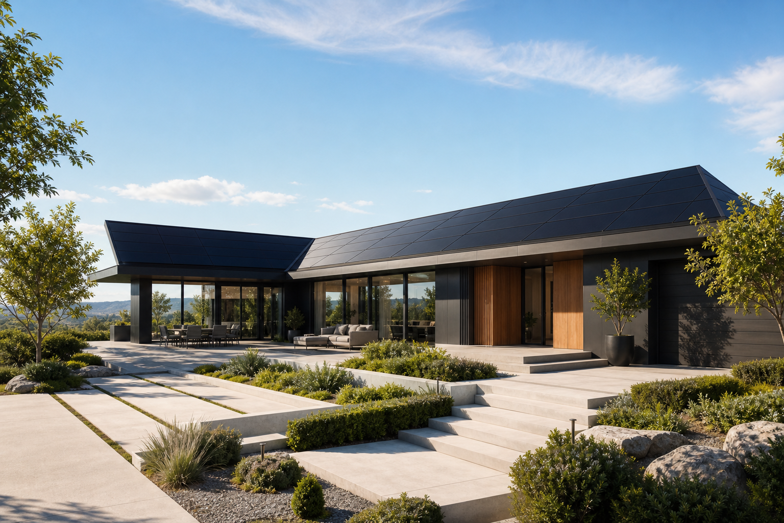 Modern luxury home with solar in daylight